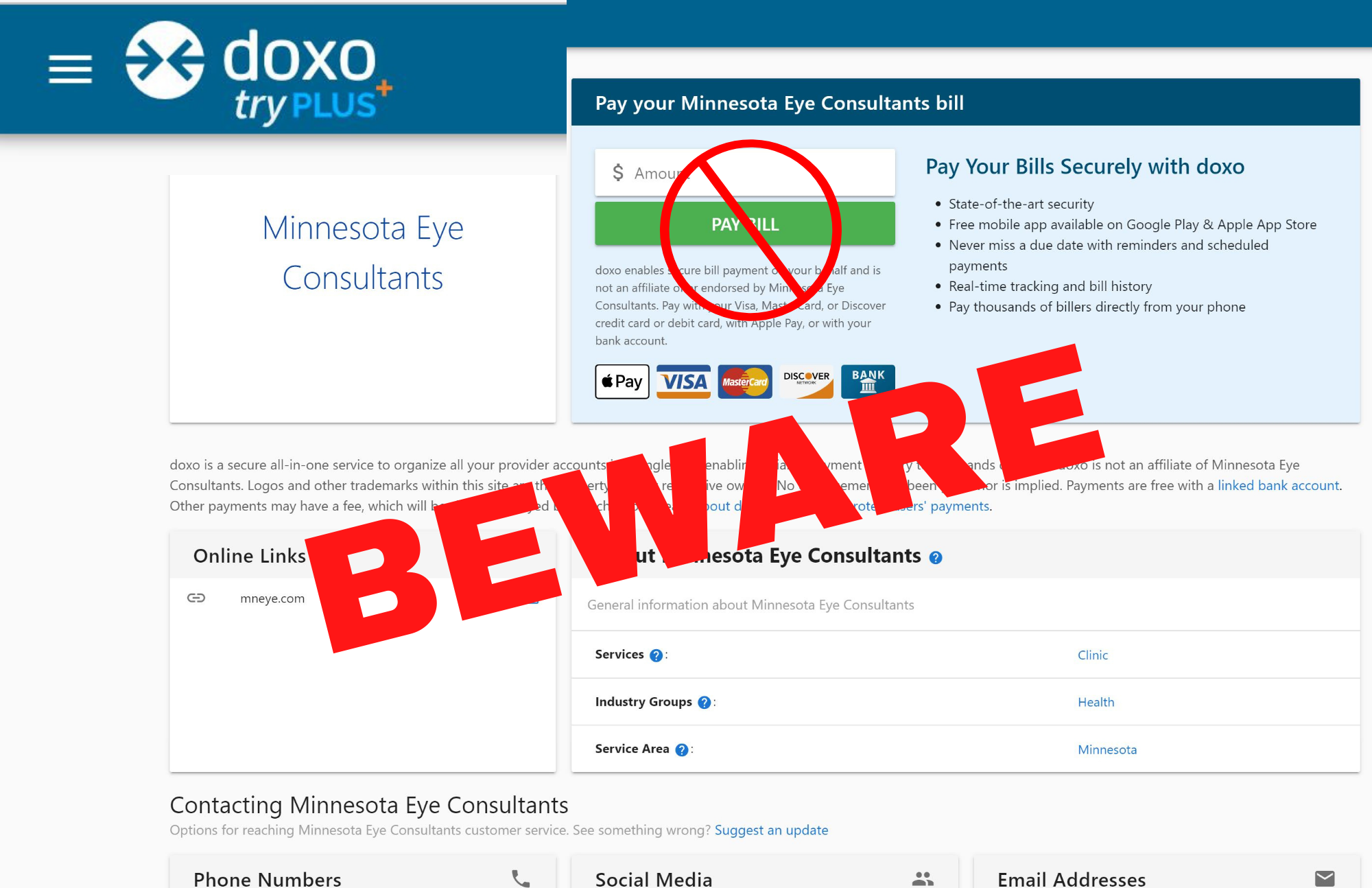 DOXO Bill Payment Warning! Unifeye Vision Partners